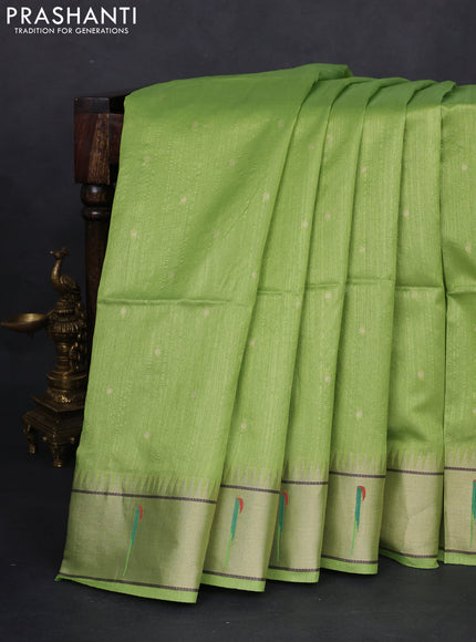 Semi paithani saree light green with allover zari woven buttas and peacock design paithani pallu