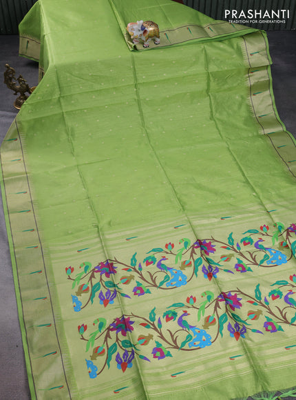 Semi paithani saree light green with allover zari woven buttas and peacock design paithani pallu
