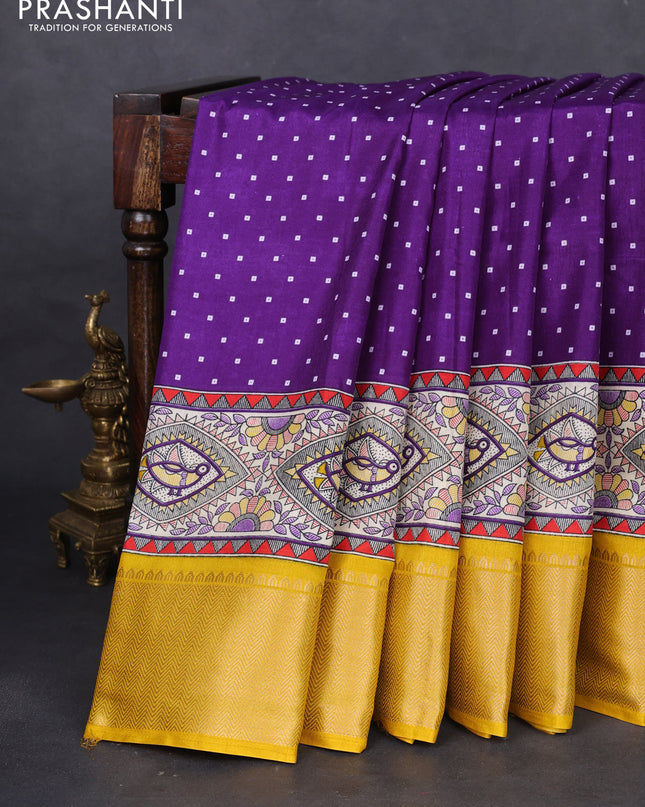 Semi dola saree violet and yellow with allover bandhani prints and long printed zari woven border
