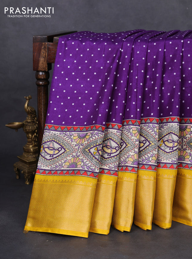 Semi dola saree violet and yellow with allover bandhani prints and long printed zari woven border