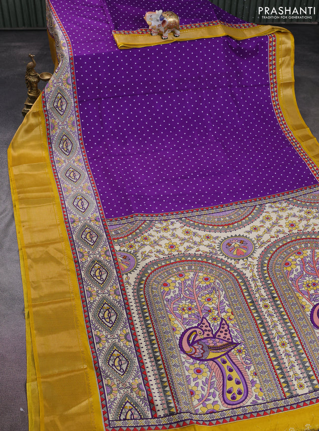Semi dola saree violet and yellow with allover bandhani prints and long printed zari woven border