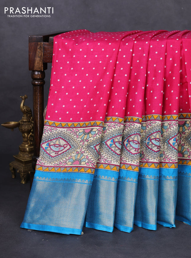 Semi dola saree pink and blue with allover bandhani prints and long printed zari woven border