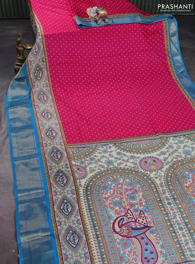 Semi dola saree pink and blue with allover bandhani prints and long printed zari woven border