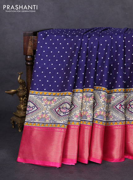 Semi dola saree navy blue and pink with allover bandhani prints and long printed zari woven border
