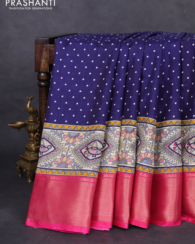Semi dola saree navy blue and pink with allover bandhani prints and long printed zari woven border