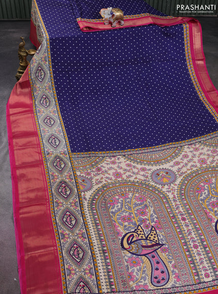Semi dola saree navy blue and pink with allover bandhani prints and long printed zari woven border