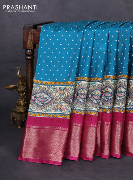 Semi dola saree teal blue shade and dark magenta pink with allover bandhani prints and long printed zari woven border