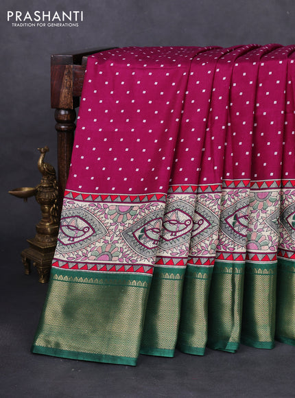 Semi dola saree dark magenta pink and green with allover bandhani prints and long printed zari woven border