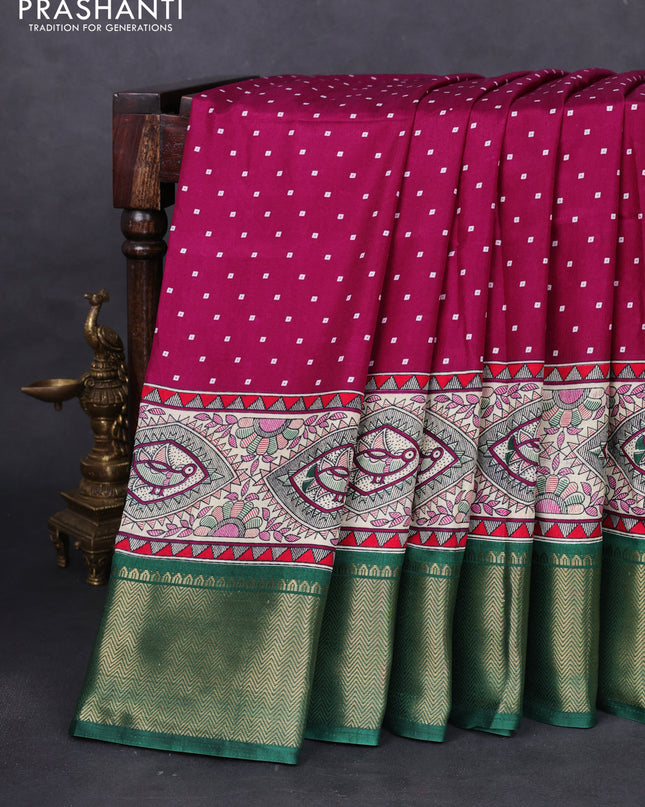 Semi dola saree dark magenta pink and green with allover bandhani prints and long printed zari woven border