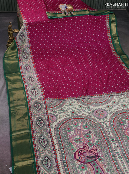 Semi dola saree dark magenta pink and green with allover bandhani prints and long printed zari woven border