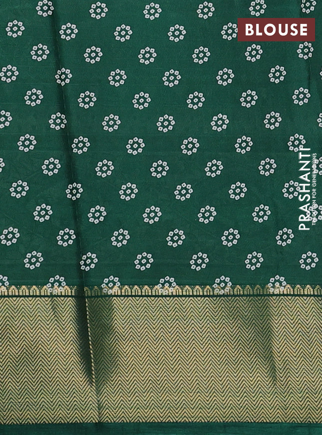 Semi dola saree dark magenta pink and green with allover bandhani prints and long printed zari woven border