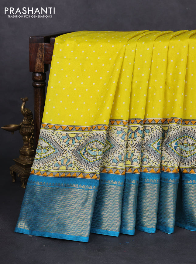 Semi dola saree yellow and teal blue with allover bandhani prints and long printed zari woven border