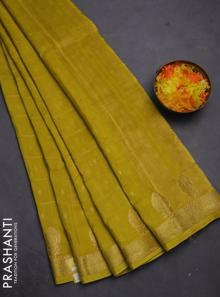 Semi mysore silk saree lime yellow with zari checks & buttas and zari woven border