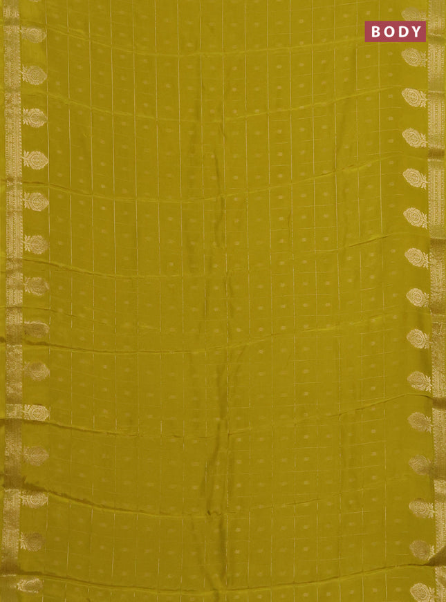 Semi mysore silk saree lime yellow with zari checks & buttas and zari woven border