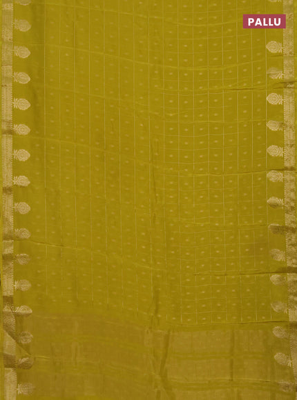 Semi mysore silk saree lime yellow with zari checks & buttas and zari woven border