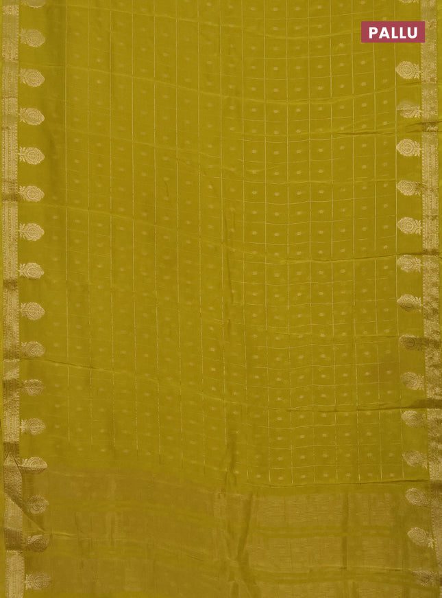 Semi mysore silk saree lime yellow with zari checks & buttas and zari woven border