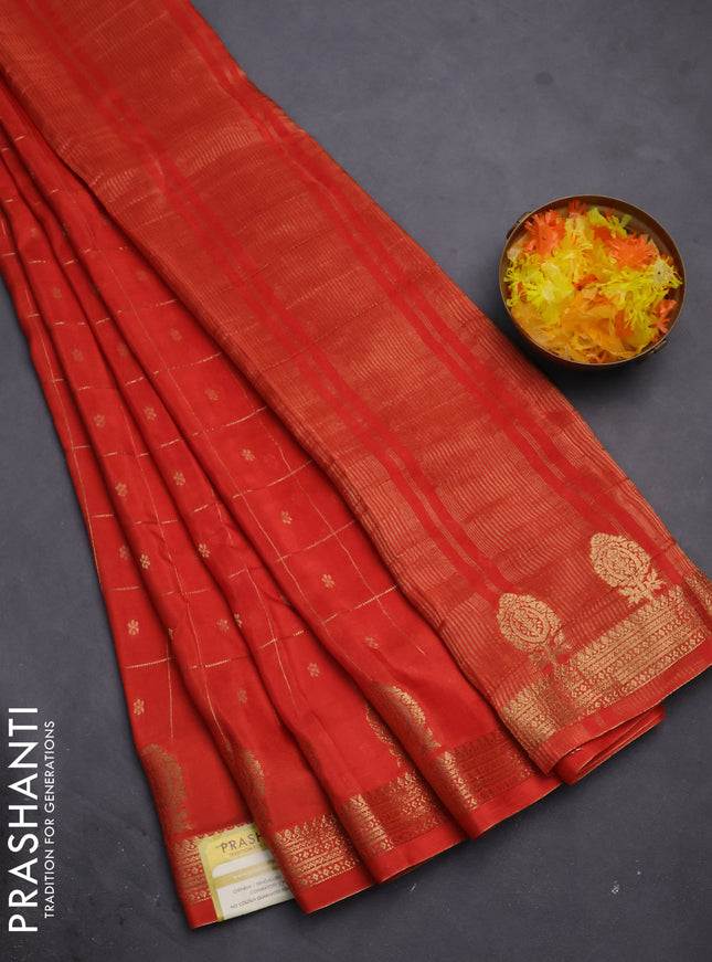 Semi mysore silk saree orange with zari checks & buttas and zari woven border