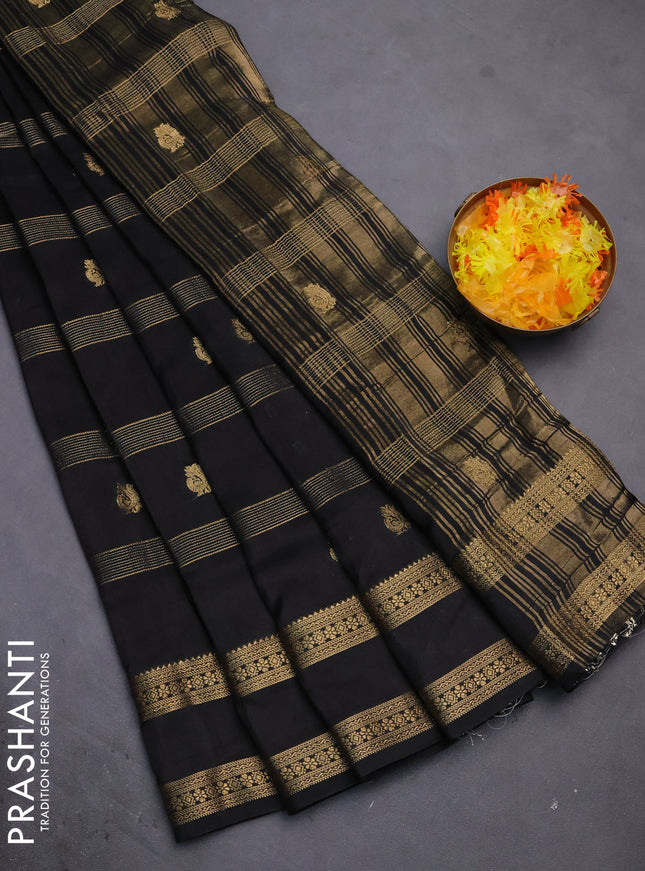 Semi mysore silk saree black with zari stripes & annam buttas and rettapet zari woven border