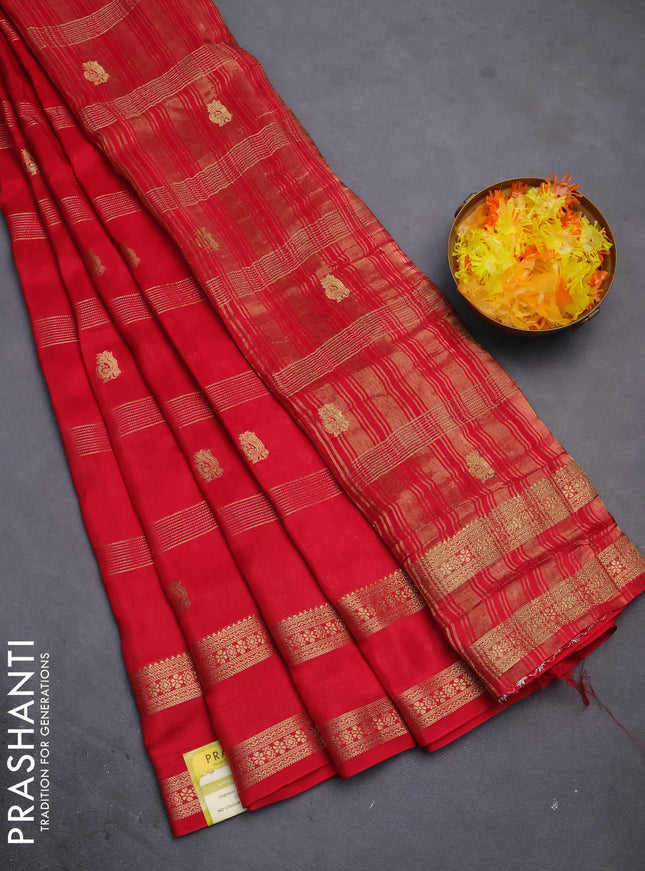 Semi mysore silk saree red with zari stripes & annam buttas and rettapet zari woven border