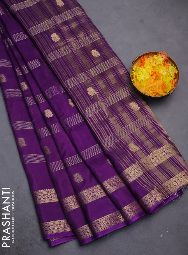 Semi mysore silk saree violet with zari stripes & annam buttas and rettapet zari woven border