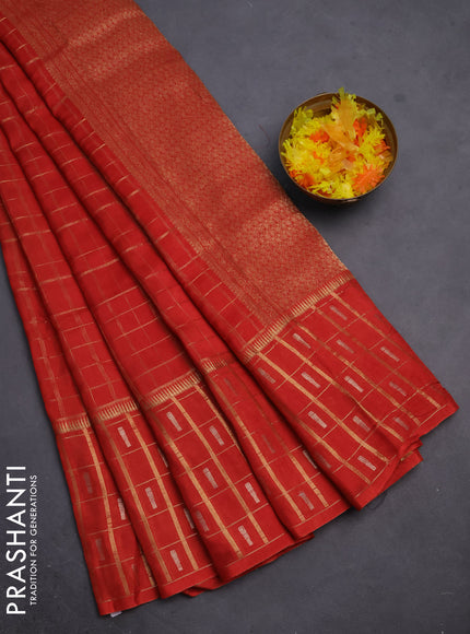 Semi mysore silk saree orange with allover zari checked pattern and zari woven butta border