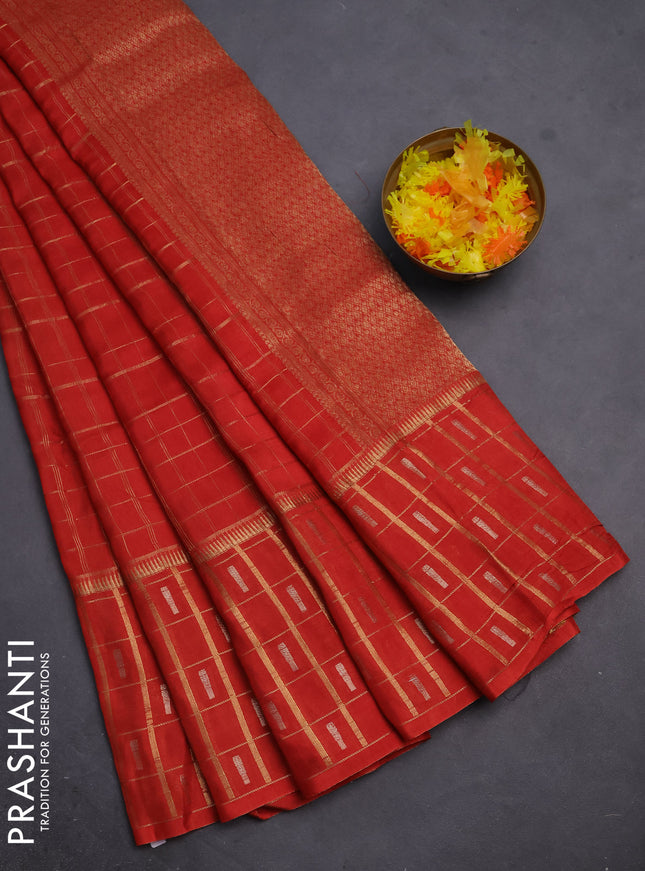 Semi mysore silk saree orange with allover zari checked pattern and zari woven butta border