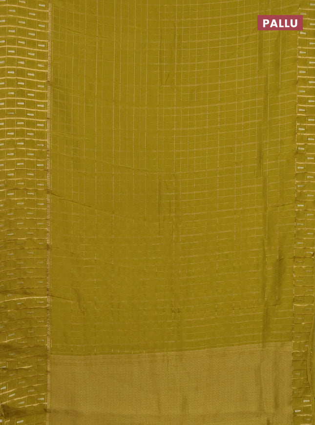 Semi mysore silk saree lime green with allover zari checked pattern and zari woven butta border