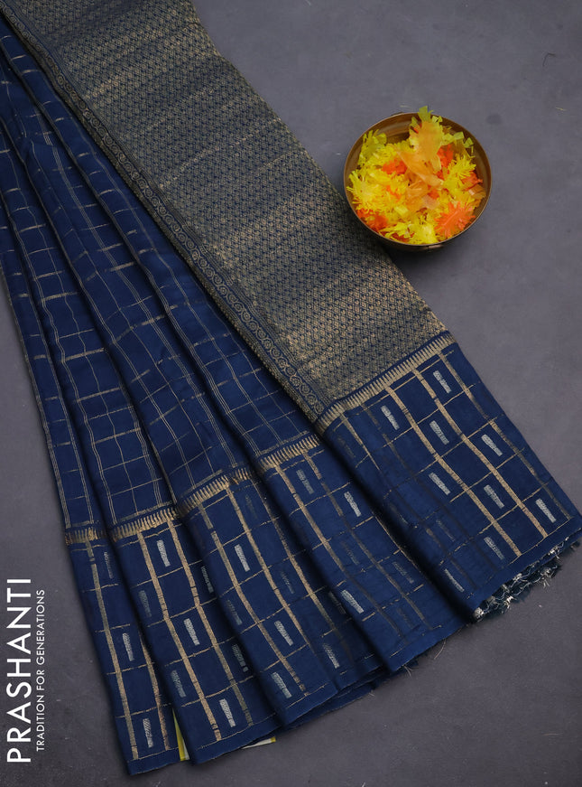 Semi mysore silk saree peacock blue with allover zari checked pattern and zari woven butta border