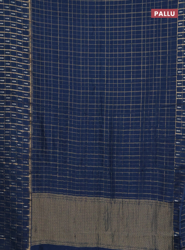 Semi mysore silk saree peacock blue with allover zari checked pattern and zari woven butta border