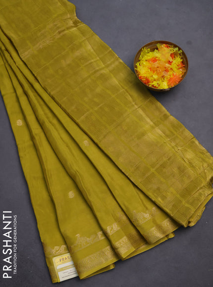 Semi mysore silk saree lime green with zari woven buttas and rettapet zari woven border