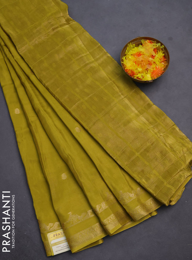 Semi mysore silk saree lime green with zari woven buttas and rettapet zari woven border