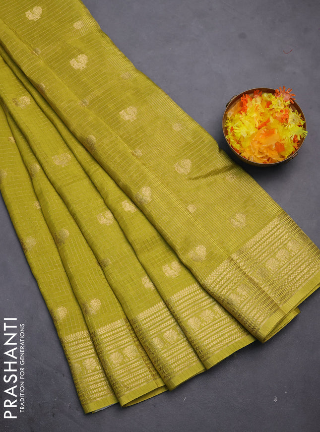 Semi mysore silk saree lime green with allover zari checks & buttas and zari woven border
