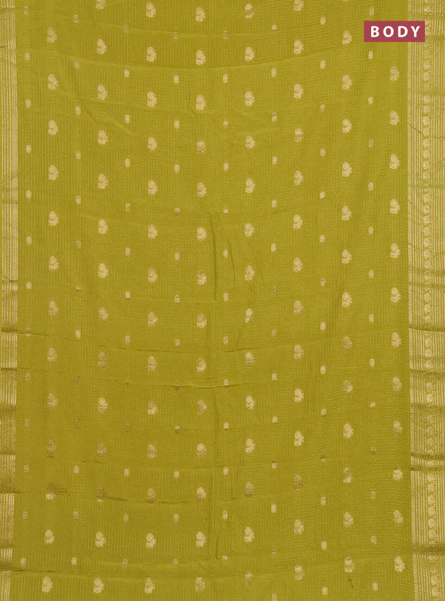 Semi mysore silk saree lime green with allover zari checks & buttas and zari woven border