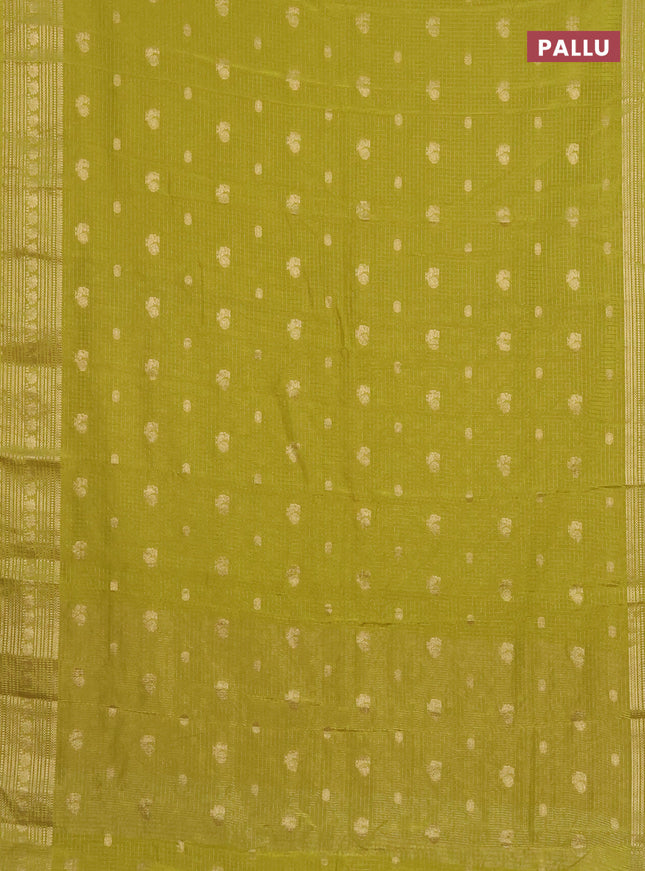 Semi mysore silk saree lime green with allover zari checks & buttas and zari woven border