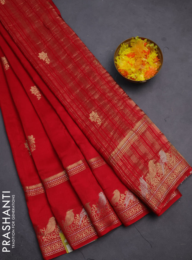 Semi mysore silk saree red with zari woven floral buttas and long rettapet zari woven border