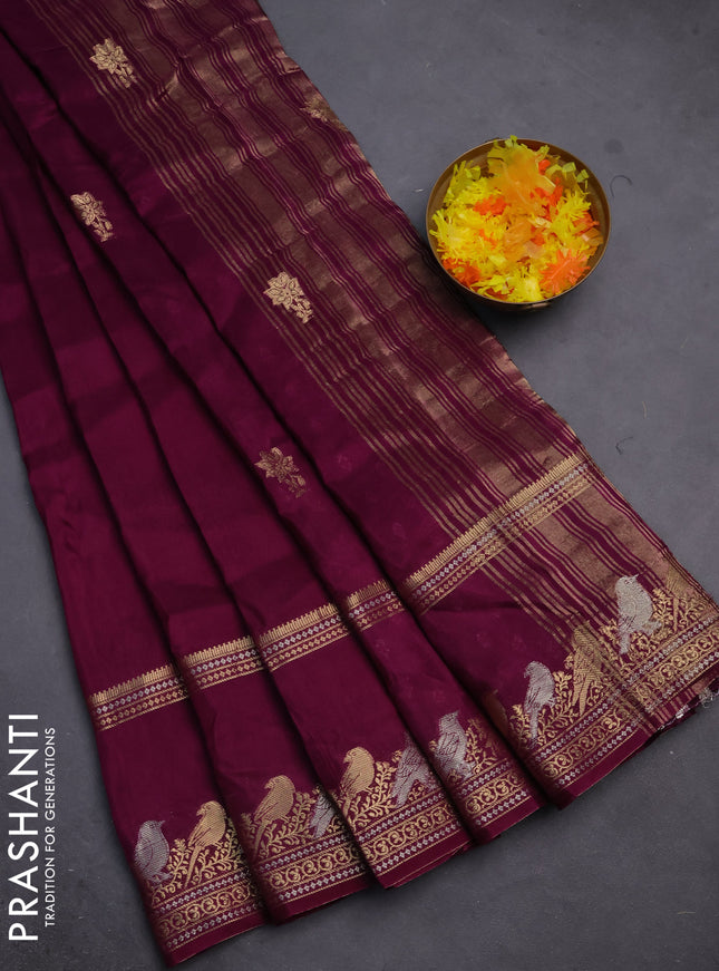 Semi mysore silk saree purple with zari woven floral buttas and long rettapet zari woven border