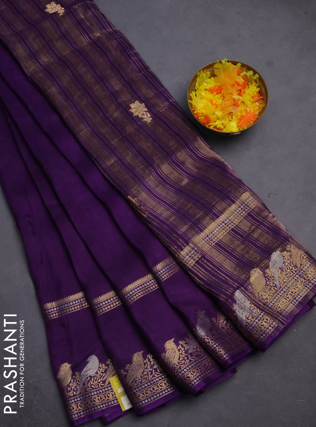 Semi mysore silk saree violet with zari woven floral buttas and long rettapet zari woven border