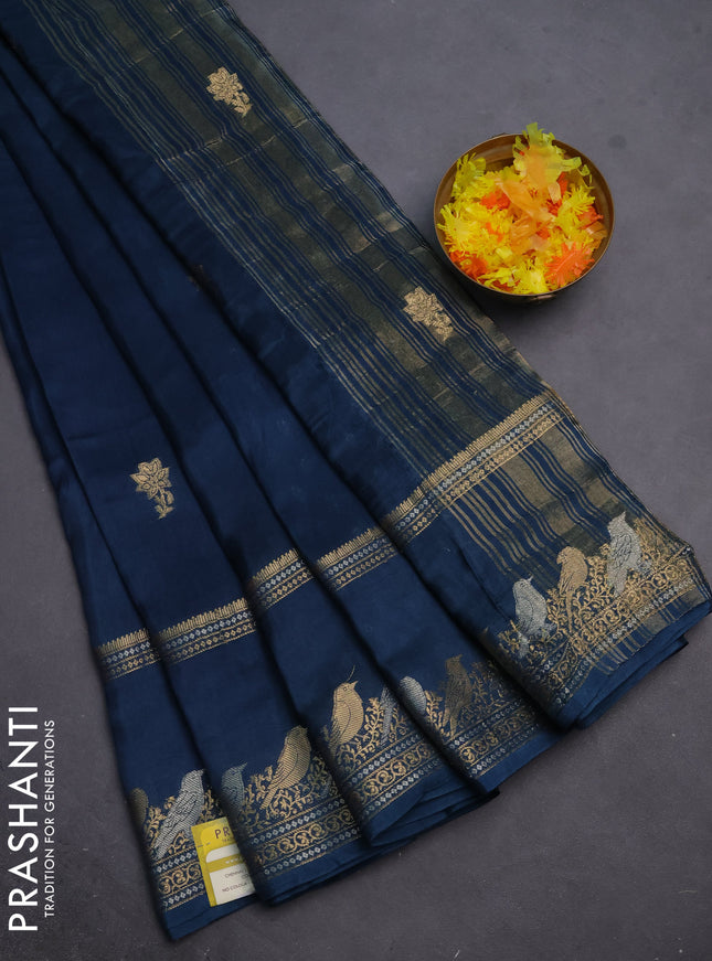 Semi mysore silk saree peacock blue with zari woven floral buttas and long rettapet zari woven border