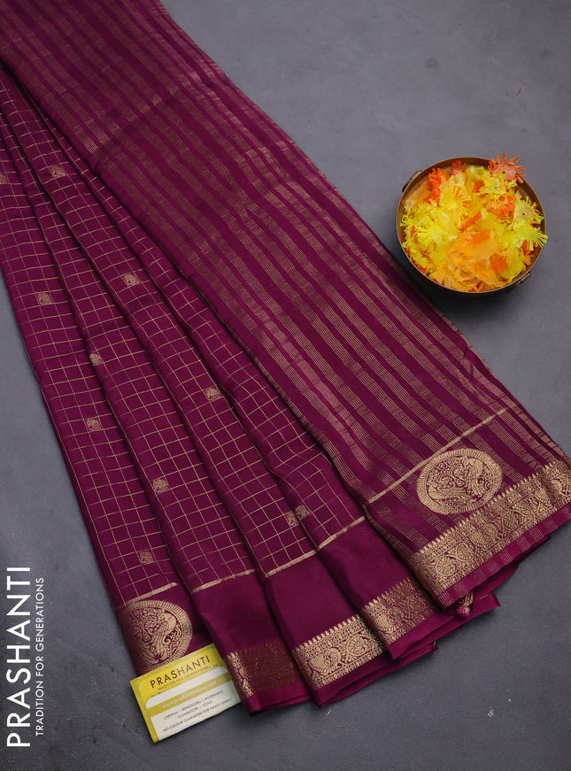 Semi mysore silk saree wine shade with allover zari checks & buttas and zari woven butta border