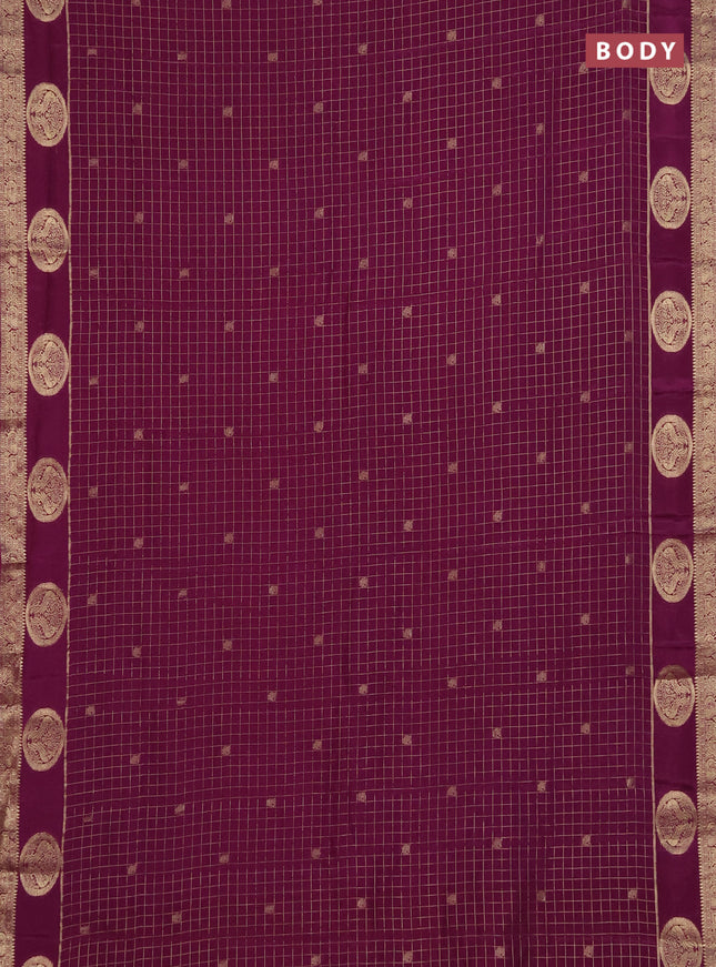 Semi mysore silk saree wine shade with allover zari checks & buttas and zari woven butta border