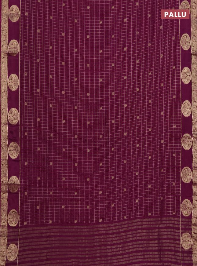 Semi mysore silk saree wine shade with allover zari checks & buttas and zari woven butta border
