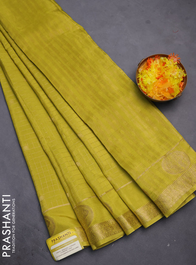 Semi mysore silk saree lime yellow with allover zari checks & buttas and zari woven butta border