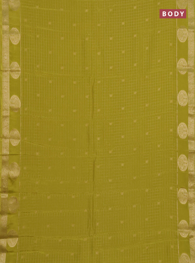 Semi mysore silk saree lime yellow with allover zari checks & buttas and zari woven butta border