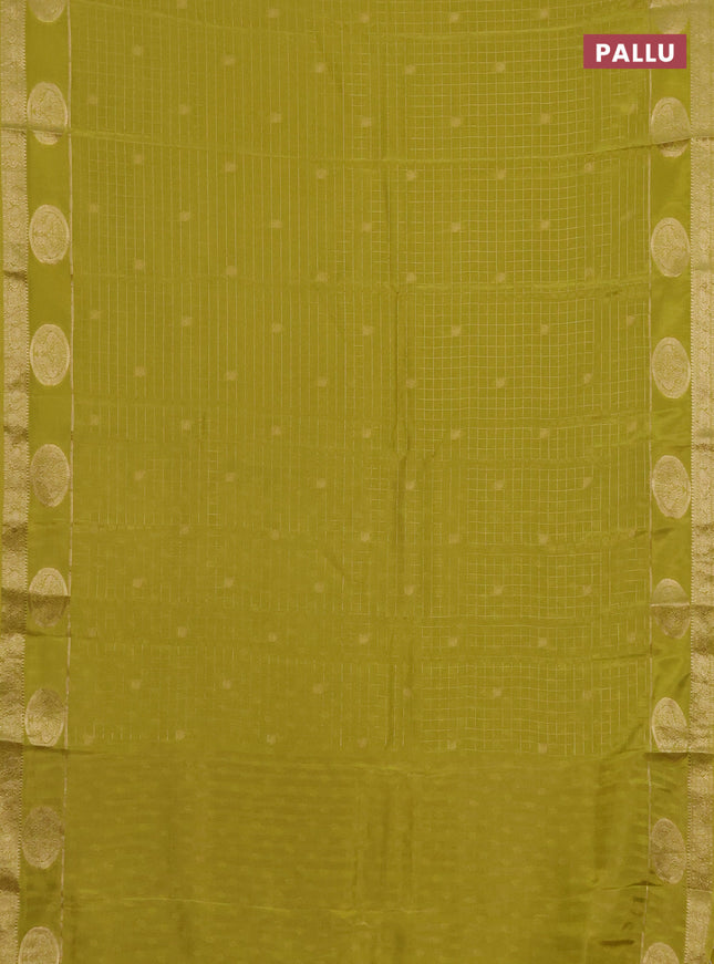 Semi mysore silk saree lime yellow with allover zari checks & buttas and zari woven butta border