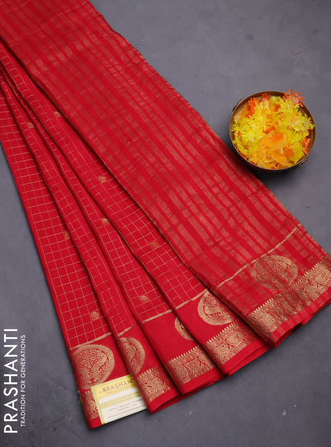 Semi mysore silk saree red with allover zari checks & buttas and zari woven butta border