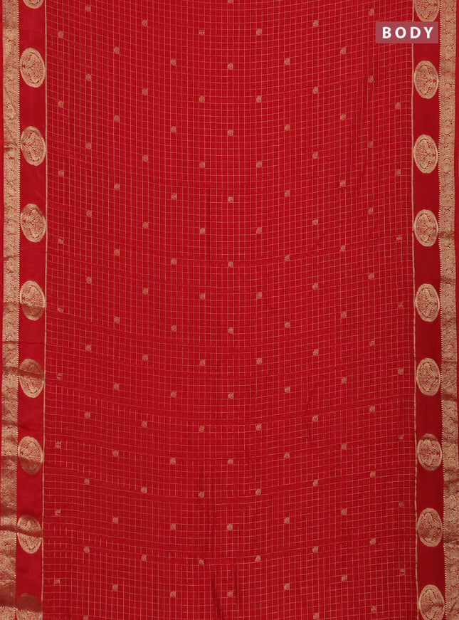 Semi mysore silk saree red with allover zari checks & buttas and zari woven butta border