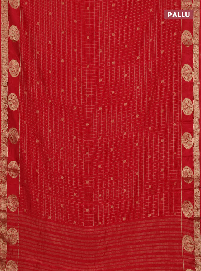 Semi mysore silk saree red with allover zari checks & buttas and zari woven butta border