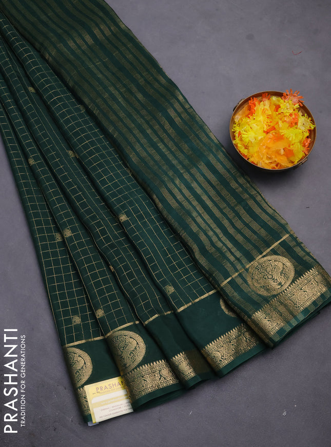 Semi mysore silk saree dark green with allover zari checks & buttas and zari woven butta border