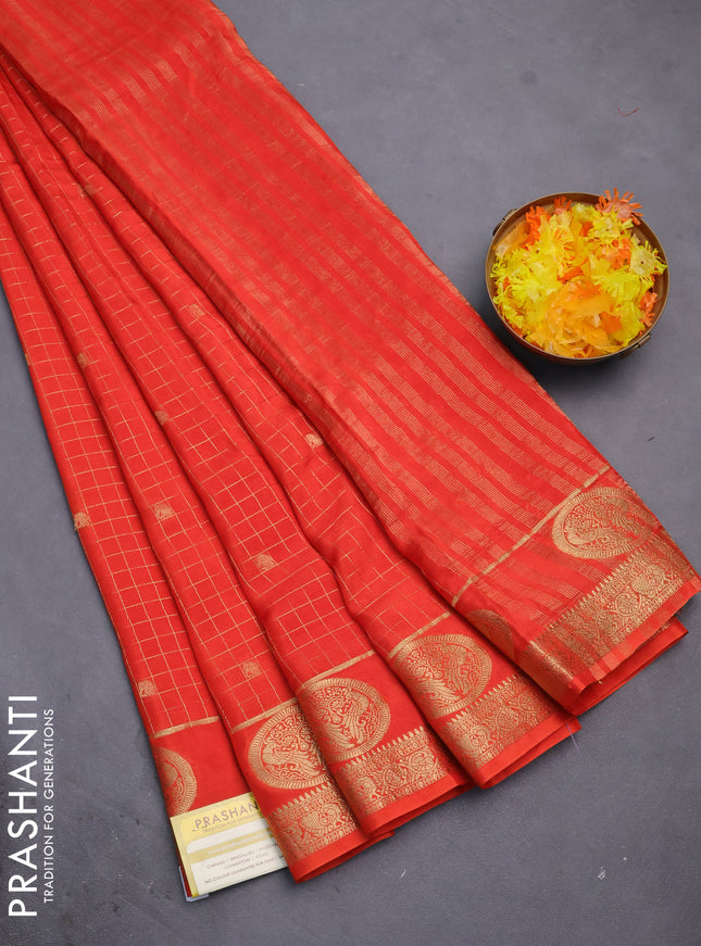 Semi mysore silk saree orange with allover zari checks & buttas and zari woven butta border