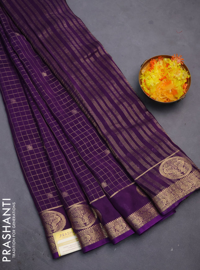 Semi mysore silk saree violet with allover zari checks & buttas and zari woven butta border